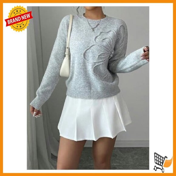 3D Floral Applique Knit Sweater Long Sleeve Drop Shoulder Pullover - Picture 5 of 6